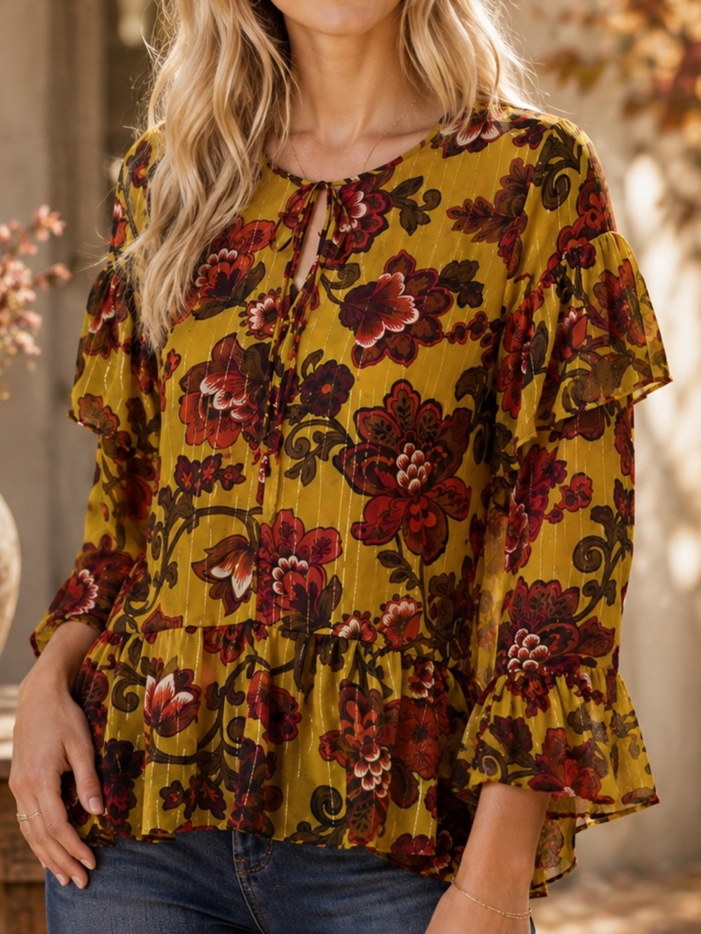 Loft Sz S Sheer Yellow Gold Floral Metallic Top Ruffle Bell Sleeves Tie Autumn